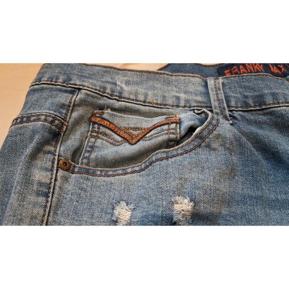 Franky Max Distressed Denim Blue Jeans 38x32 Embroidered Pockets Leather Trim - Picture 4 of 14